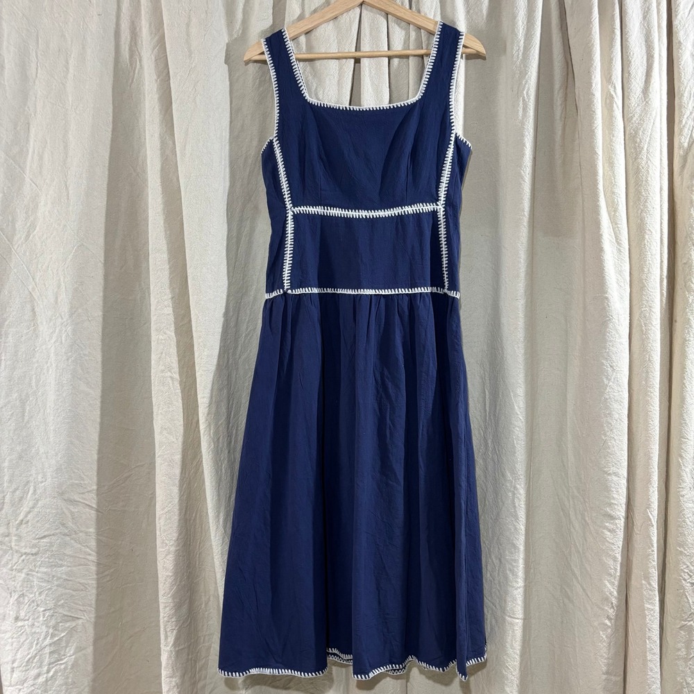 Pants Store Navy Blue Cotton Whipstitch Midi Dress CD05718 Small NWT
